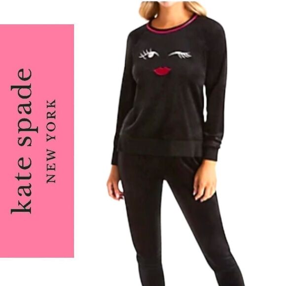 KATE SPADE VELOUR WINKY FACE AND LIPS BLACK VELVET SWEATER SWEATSHIRT LOUNGEWEAR - Picture 8 of 16